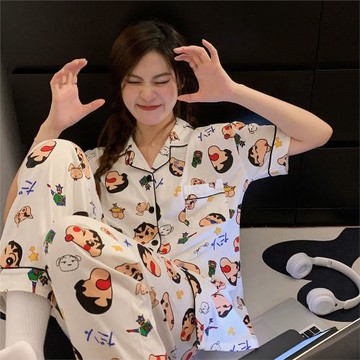 ins日系卡通蠟筆小新睡衣女春秋夏季純棉短袖長褲可愛學生家居服