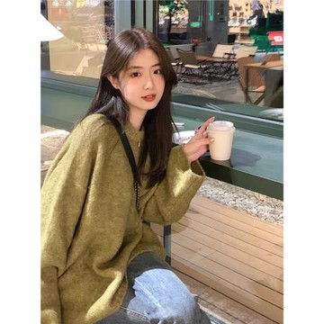 韓系復古chic慵懶高級感毛衣女2024秋冬新款綠色茶系休閑針織上衣