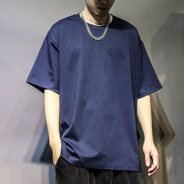藏青色高端純棉短袖t恤男士夏季ins簡約寬鬆半袖純色上衣休閒男裝素面 圓領 剪裁 裁縫 彈力 Clean Fit 合身