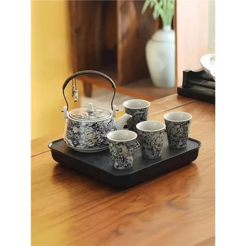 精致青花陶瓷牡丹提梁壺一壺四杯套裝家用功夫茶具配茶盤茶壺茶杯