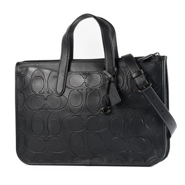 COACH 專櫃男款 鵝卵石紋壓印LOGO手提/斜背二用公事包-黑色