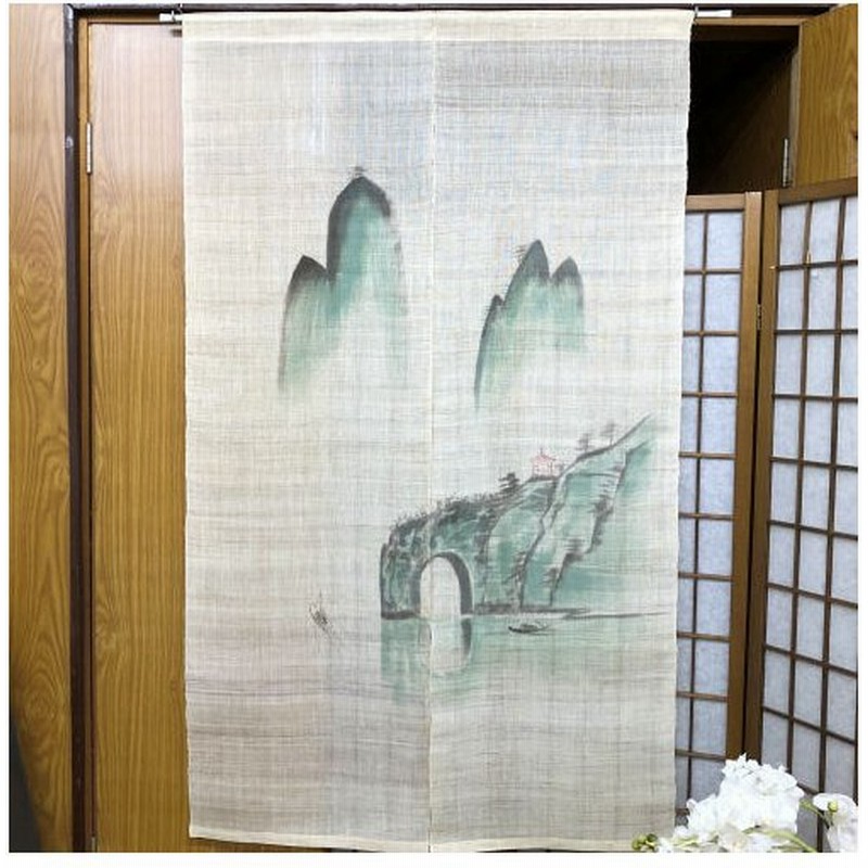 暖簾 本麻 藍墨『薩摩富士 開聞岳』水墨画家による肉筆 一点物