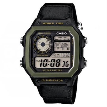 【CASIO 】十年之旅數位電子錶-綠框x黑帆布錶帶(AE-1200WHB-1B)