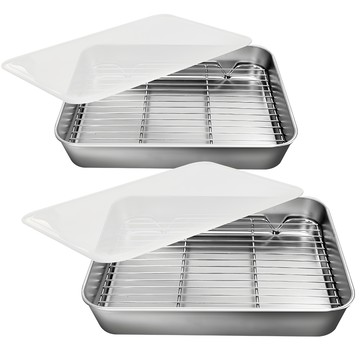 Kitchen9 304不銹鋼托盤組  32 x 25 x 5cm  方盤 + 鐵絲支架 + 蓋子  2個