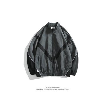 WH先生美式潮牌嵌線反光拼接立領拉鏈外套秋季沖鋒衣寬松休閑夾克