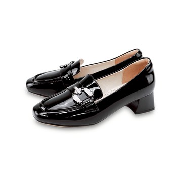 零碼出清★Sabon時尚平頭全真皮樂福粗跟鞋 黑漆色 (10316208)