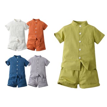 夏季歐美兒童立領短袖亞麻襯衫多巴胺色童短褲兩件套外貿童裝baby