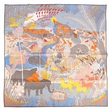 HERMES Carnaval des Animaux動物嘉年華斜紋真絲方巾90cm(藍灰)370072｜GoBrand