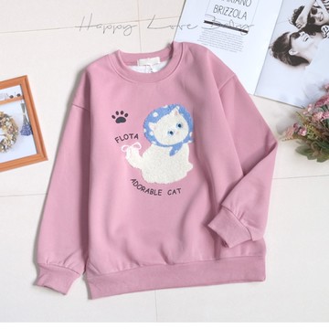 女大童 厚款 繪本頭巾貓咪厚磅寶寶絨上衣 秋冬童裝 大童上衣 大童長袖 女大童長袖 秋冬長袖