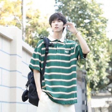 寬版條紋Polo衫 日系復古 cityboy oversize 短袖 男生女生 橫條紋上衣 Y2056