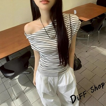 韓版氣質露肩顯瘦條紋短袖上衣【T669】