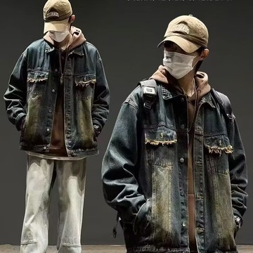 美式復古毛須水洗做舊高街潮牌寬鬆牛仔外套男時尚潮流上衣男