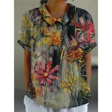 2025春夏亞馬遜歐美新款文藝復古寬松圓領女士T恤上衣休閑短袖