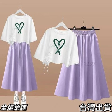 速.發 學院風夏季套裝高腰甜美女學生寬鬆短款抽繩T恤+休閒百搭半身裙女 台出