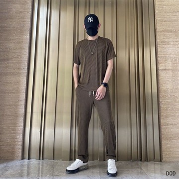 ins韓版潮流彈力絲滑垂感百葉條夏季薄款透氣舒適寬松休閑套裝男