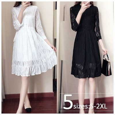 総レース フレアワンピース フレア ワンピース ワンピ スタンドカラー 七分袖 レース フリル 膝丈 ミディ ミモレ ホワイト ブラック 白 黒 無地 通販 Lineポイント最大get Lineショッピング