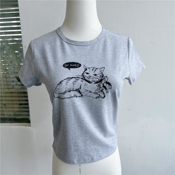 樓10A-32F21夏季正肩短袖T恤卡通印花貓咪修身顯瘦短款上衣H25-5