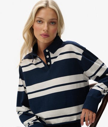 Superdry Women's Athletic Essentials Cropped Stripe Rugby Top Navy Size: 10
