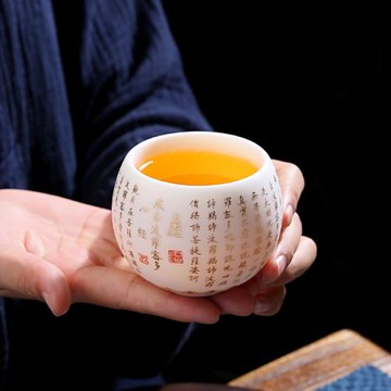 德化羊脂玉心經杯24K金盞陶瓷功夫茶具家用中式禪定主人杯禮盒裝