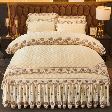 高檔刺繡水晶絨床裙款四件套純色蕾絲全夾棉加厚床罩套件被套床套