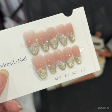 ✨Hannah✨綠豆沙--鵰花貓眼手工穿戴甲高級感小清新春夏波點貓眼美甲可拆卸純手工穿戴甲 NMNT