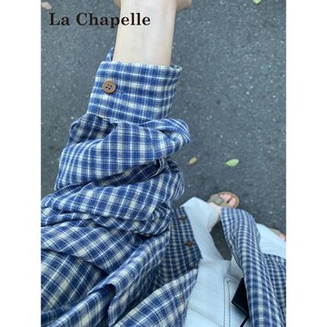 拉夏貝爾藍色格子長袖襯衫女秋冬2025新款慵懶風襯衣外套顯瘦上衣