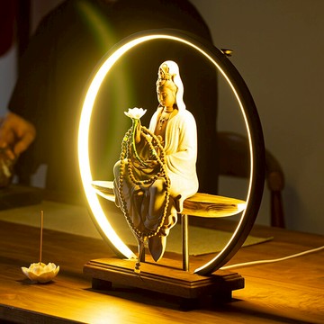 新中式led燈圈禪意擺件客廳玄關創意倒流香觀音佛像茶空間裝飾品