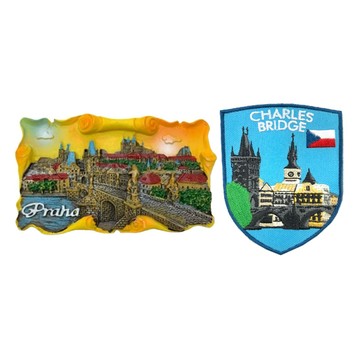 A-ONE 匯旺 布拉格查理大橋夕陽彩色磁鐵 + 捷克查理大橋肩章 2件組  1.97 x 2.23吋 + 2.5 x 3.1吋  布拉格查理大橋夕陽 + 捷克查理大橋
