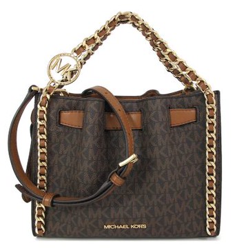 MICHAEL KORS Mina 金字滿版Logo編織金鏈手提斜背兩用包(咖啡色)