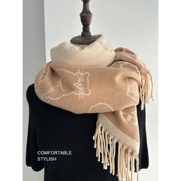 午后慵懶~日系貓咪加厚圍巾雙面披肩女冬季新款毛毯式百搭可愛風