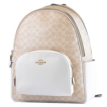 COACH 金字馬車緹花LOGO雙側置物拉鍊後背包-灰褐