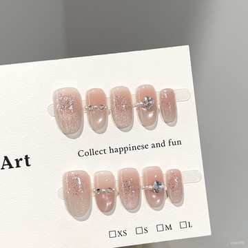 ➕最新設計款穿戴甲💅純手工穿戴甲高級感粉色貓眼短款美甲片輕奢愛心鑽假指甲貼片成品短橢圓穿戴甲 IGYJ