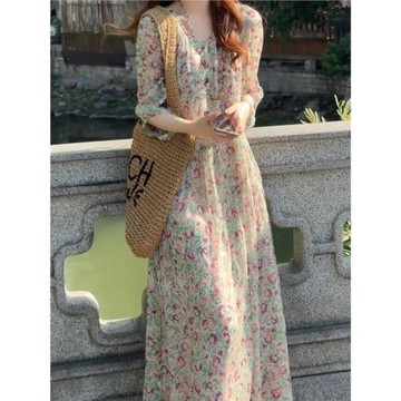 (免運)綠色碎花雪紡連衣裙夏季女裝2025新款高級感法式茶歇高端輕奢裙子