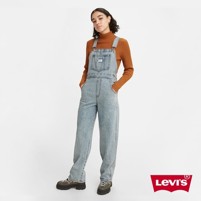 Levis 女款 復古高腰工裝吊帶牛仔寬褲 / 精工作舊水洗 / 鈕扣穿脫