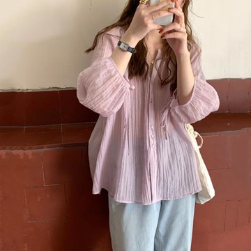 紫色雪紡襯衫女設計感小眾圓領七分袖襯衣夏季薄款泡泡袖法式上衣