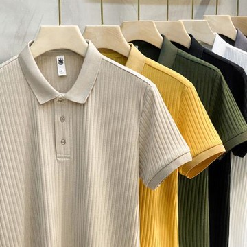 2022新款坑條紋絲光針織polo衫短袖潮牌夏季上衣潮流翻領男士t恤