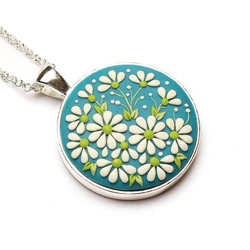 雛菊吊墜小花項鍊獨特的手工首飾聚合物粘土項鍊
