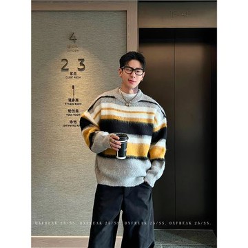 OXFREAK「擬態流蘇 羊毛混紡」撞色條紋毛衣男冬季加厚保暖針織衫