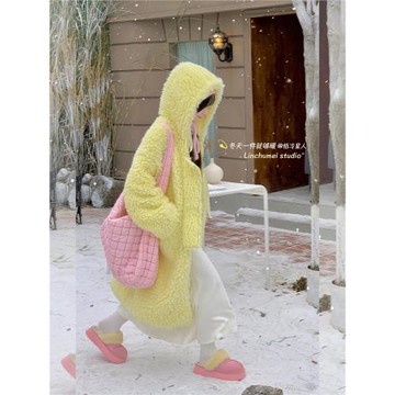 羊羔毛外套女秋冬新款韓版寬松長款過膝加厚連帽藍色衣毛毛羊羔絨