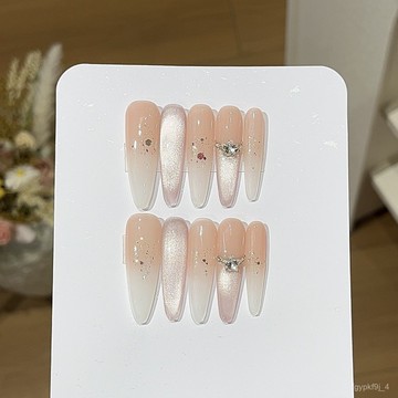 🎀可可精選🎀【薄紗乳白】桃汐裏溫柔純慾風漸變裸色月光淡粉貓眼亮片鑽穿戴甲手工穿戴甲顯白美甲片百搭美甲貼片 BIO7