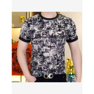 冰絲夏季新款男士時尚個性印花短袖T恤百搭修身透氣圓領半袖上衣