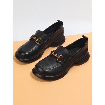 大碼女鞋41到43春秋新款真皮單鞋樂福圓頭粗跟厚底寬腳胖腳皮鞋42