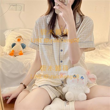 【兩件套】日系黃色格子奶fufu短袖短褲套裝純棉睡衣女夏天家居服夏款夏季【雲木雜貨】