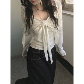 【小隻女】帶胸墊 吊帶背心 蝴蝶結綁帶 不含外套 小個子上衣 白色波點抹胸 修身顯瘦 無袖上衣