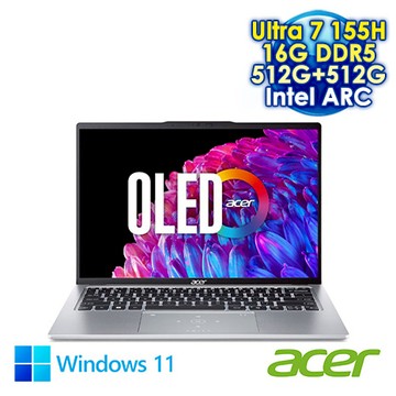 ACER Swift Go 14 SFG14-73-731T 銀 14吋AI&EVO筆電 (2.8K OLED/Intel Ultra 7 155H/16G DDR5/512G+512