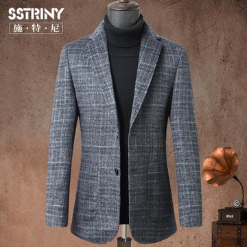 【山羊絨+桑蠶絲】高端羊絨西服格紋毛呢西裝外套男羊毛休閑單西