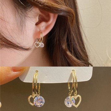 【Emi艾迷】韓系甜蜜心靈閃耀鋯石雙環925銀針耳環