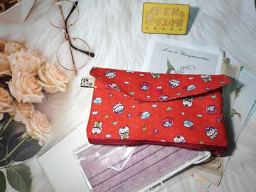 薄棉布款紅底招財小貓拉鍊布紅包袋-下方拉鍊紅包袋-手作布紅包袋