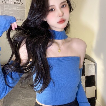 純欲風性感一字肩掛脖上衣女春設計感小眾修身洋氣內搭針織打底衫