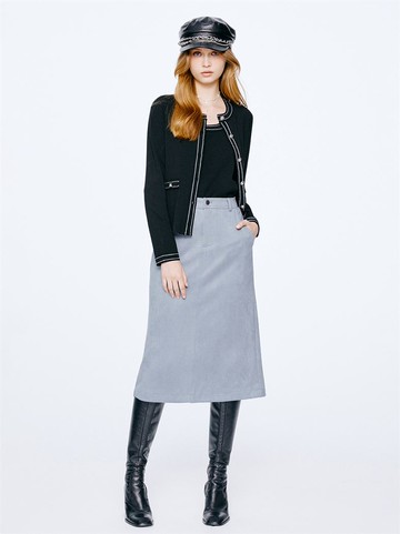 時髦絨感後開衩麂皮鉛筆裙-藍